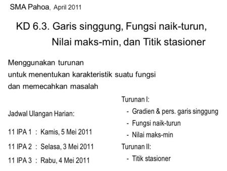SMA Pahoa, April 2011 KD 6.3. Garis singgung, Fungsi naik-turun, 	 Nilai maks-min, dan Titik stasioner Menggunakan turunan untuk menentukan karakteristik.