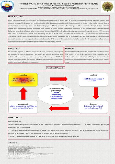 CONFLICT MANAGEMENT ADOPTED BY THE PNTL IN SOLVING PROBLEMS IN THE COMMUNITY s Conflict) (Case Studies: Marsecal Art Conflict and IDPs Conflict) Bernardo.