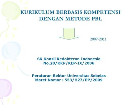 KURIKULUM BERBASIS KOMPETENSI DENGAN METODE PBL SK Konsil Kedokteran Indonesia No.20/KKP/KEP-IX/2006 Peraturan Rektor Universitas Sebelas Maret Nomor :