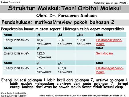 Struktur Molekul:Teori Orbital Molekul Oleh: Dr. Parsaoran Siahaan