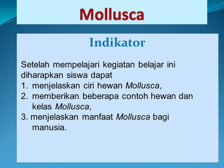 Mollusca Indikator Setelah mempelajari kegiatan belajar ini diharapkan siswa dapat menjelaskan ciri hewan Mollusca, memberikan beberapa contoh hewan dan.