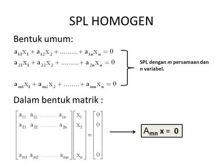 SPL HOMOGEN Bentuk umum: Dalam bentuk matrik : Amn x = 0