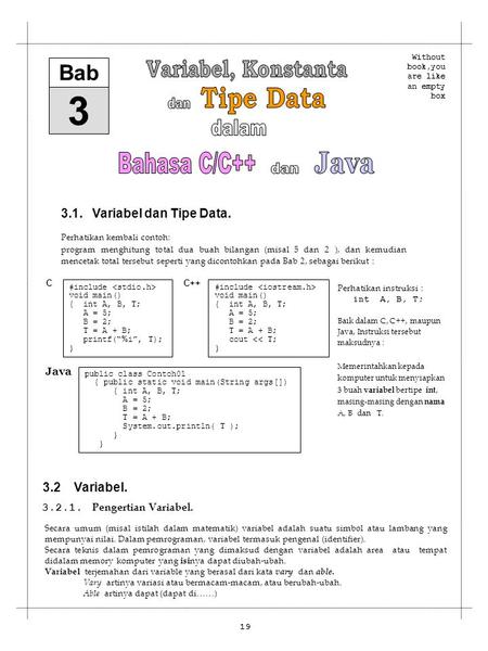 3 Variabel, Konstanta Tipe Data dan dalam Bahasa C/C++ Java dan Bab