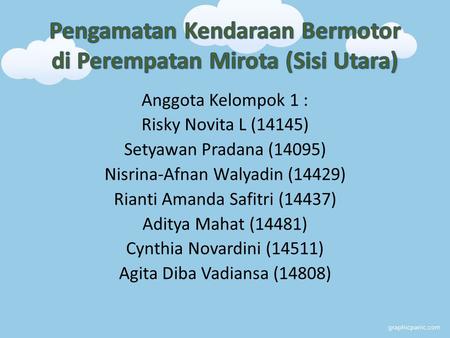 Anggota Kelompok 1 : Risky Novita L (14145) Setyawan Pradana (14095) Nisrina-Afnan Walyadin (14429) Rianti Amanda Safitri (14437) Aditya Mahat (14481)