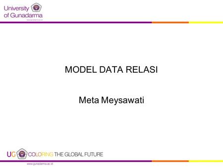 MODEL DATA RELASI Meta Meysawati. Model Data Relasi  Terdapat beberapa cara untuk menangani atau memodelkan data diantaranya, 1.Model Relational 2.Model.