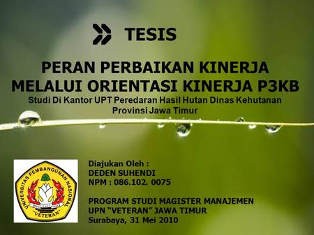 TESIS PERAN PERBAIKAN KINERJA MELALUI ORIENTASI KINERJA P3KB Studi Di Kantor UPT Peredaran Hasil Hutan Dinas Kehutanan Provinsi Jawa Timur Diajukan Oleh.