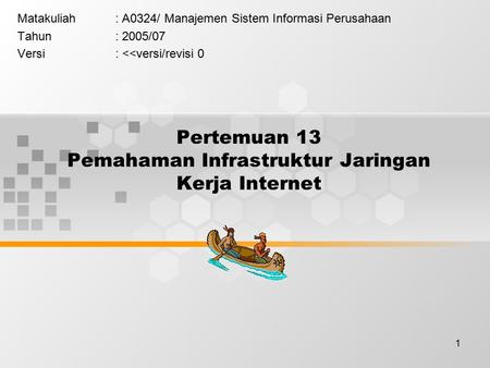 1 Pertemuan 13 Pemahaman Infrastruktur Jaringan Kerja Internet Matakuliah: A0324/ Manajemen Sistem Informasi Perusahaan Tahun: 2005/07 Versi: 