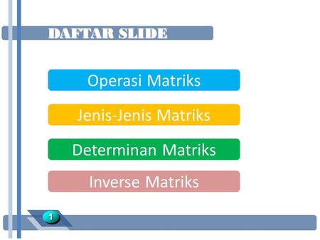 Operasi Matriks Jenis-Jenis Matriks Determinan Matriks Inverse Matriks