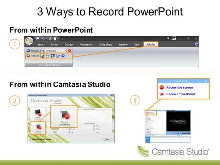 3 Ways to Record PowerPoint From within PowerPoint From within Camtasia Studio.