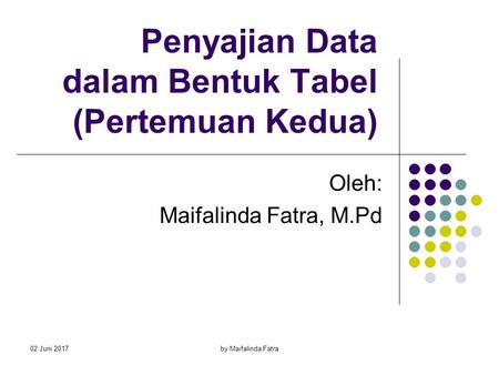 02 Juni 2017by Maifalinda Fatra Penyajian Data dalam Bentuk Tabel (Pertemuan Kedua) Oleh: Maifalinda Fatra, M.Pd.