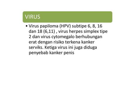 VIRUS Virus papiloma (HPV) subtipe 6, 8, 16 dan 18 (6,11) , virus herpes simplex tipe 2 dan virus cytomegalo berhubungan erat dengan risiko terkena kanker.