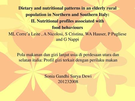 Dietary and nutritional patterns in an elderly rural