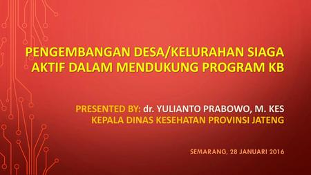 PENGEMBANGAN DESA/KELURAHAN SIAGA AKTIF DALAM MENDUKUNG PROGRAM KB Presented by: dr. Yulianto Prabowo, M. Kes Kepala Dinas Kesehatan Provinsi Jateng.