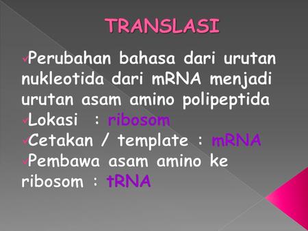 TRANSLASI Perubahan bahasa dari urutan nukleotida dari mRNA menjadi urutan asam amino polipeptida Lokasi : ribosom Cetakan / template : mRNA Pembawa asam.