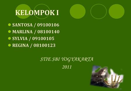 KELOMPOK I  SANTOSA / 09100106  MARLINA / 08100140  SYLVIA / 09100105  REGINA / 08100123 STIE SBI YOGYAKARTA 2011.