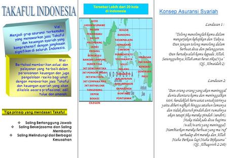 Tersebar Lebih dari 20 kota di Indonesia Tiga prinsip yang mendasari Takaful Konsep Asuransi Syariah Landasan 1 : “Tolong menolonglah kamu dalam mengerjakan.