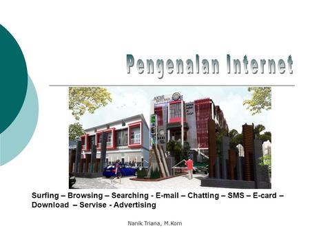 Pengenalan Internet Surfing – Browsing – Searching - E-mail – Chatting – SMS – E-card – Download – Servise - Advertising Nanik Triana, M.Kom.