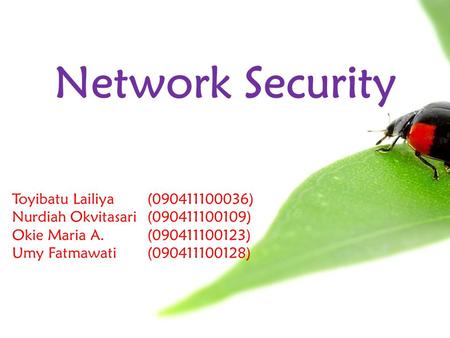 Network Security Toyibatu Lailiya(090411100036) Nurdiah Okvitasari(090411100109) Okie Maria A.(090411100123) Umy Fatmawati(090411100128)