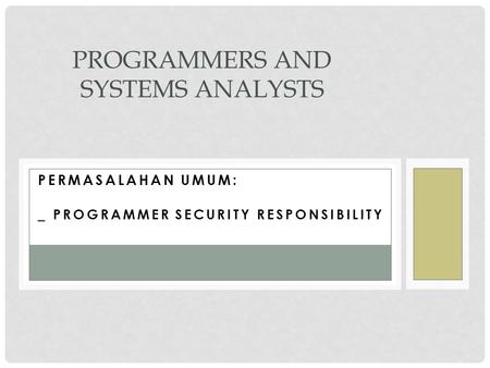 PERMASALAHAN UMUM: _ PROGRAMMER SECURITY RESPONSIBILITY PROGRAMMERS AND SYSTEMS ANALYSTS.