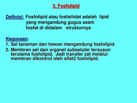 3. Fosfolipid Definisi:  Fosfolipid atau fosfatiidat adalah  lipid