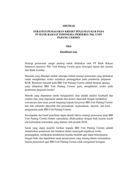 PT BANK RAKYAT INDONESIA (PERSERO) Tbk. UNIT PADANG CERMIN