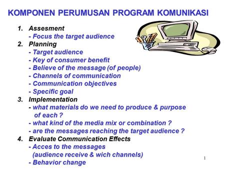 1 KOMPONEN PERUMUSAN PROGRAM KOMUNIKASI 1.Assesment - Focus the target audience 2.Planning - Target audience - Key of consumer benefit - Believe of the.