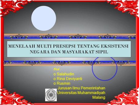 Oleh : o Salahudin o Rina Deviyanti o Rusmin Jurusan Ilmu Pemerintahan Universitas Muhammadiyah Malang MENELAAH MULTI PRESEPSI TENTANG EKSISTENSI NEGARA.