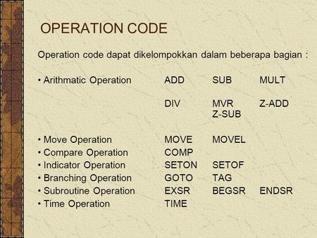 OPERATION CODE Operation code dapat dikelompokkan dalam beberapa bagian : Arithmatic OperationADDSUBMULT DIVMVRZ-ADD Z-SUB Move OperationMOVEMOVEL Compare.