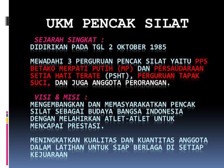 UKM PENCAK SILAT Sejarah Singkat : Didirikan pada tgl 2 Oktober 1985 Mewadahi 3 perguruan Pencak Silat yaitu PPS Betako Merpati Putih (MP) dan Persaudaraan.
