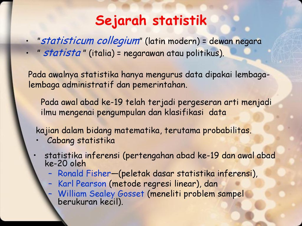 Sejarah statistik statisticum collegium (latin modern) = dewan negara. statista (italia) = negarawan atau politikus).