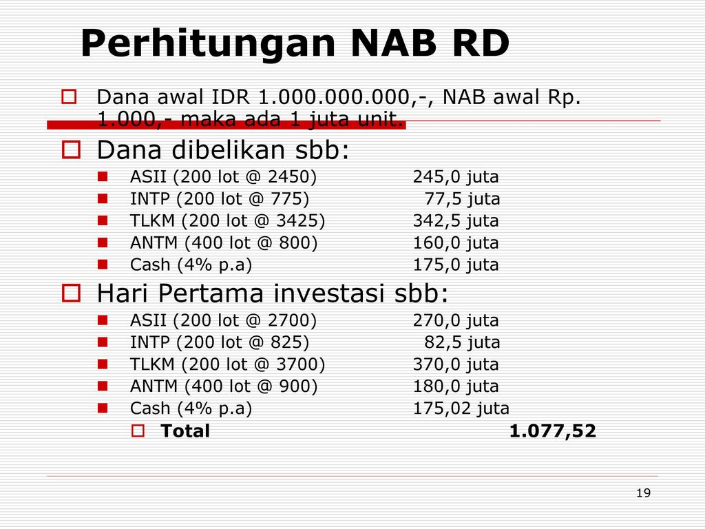 Perhitungan NAB RD Dana dibelikan sbb: Hari Pertama investasi sbb: