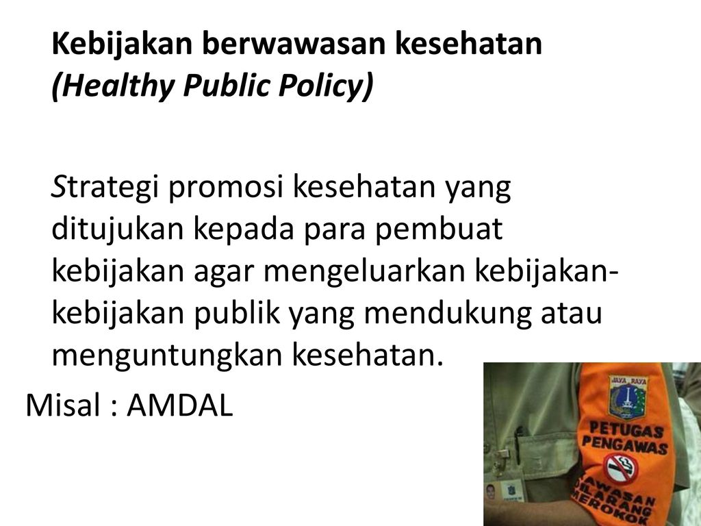 Kebijakan berwawasan kesehatan (Healthy Public Policy) Strategi promosi kesehatan yang ditujukan kepada para pembuat kebijakan agar mengeluarkan kebijakan-kebijakan publik yang mendukung atau menguntungkan kesehatan.