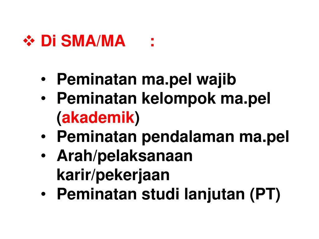 Di SMA/MA : Peminatan ma.pel wajib. Peminatan kelompok ma.pel (akademik) Peminatan pendalaman ma.pel.