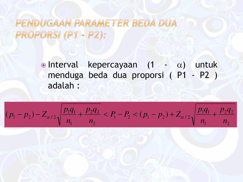 Pendugaan parameter beda dua proporsi (P1 - P2):