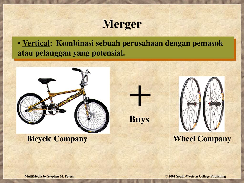 Merger Vertical: Kombinasi sebuah perusahaan dengan pemasok atau pelanggan yang potensial. Bicycle Company.