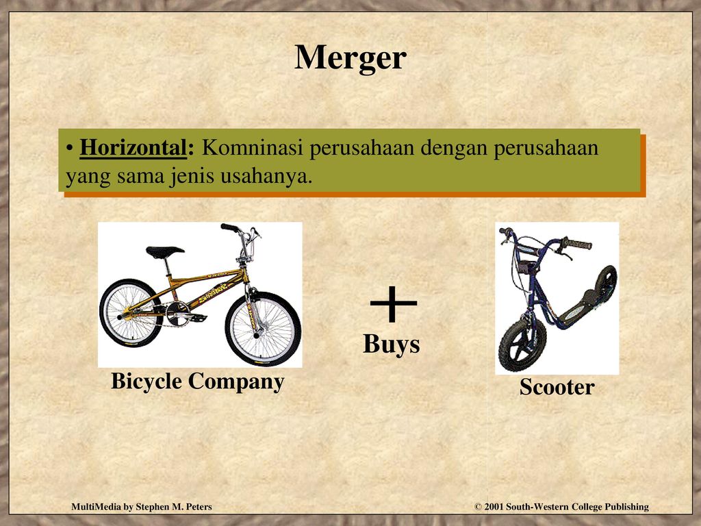 Merger Horizontal: Komninasi perusahaan dengan perusahaan yang sama jenis usahanya. Bicycle Company.