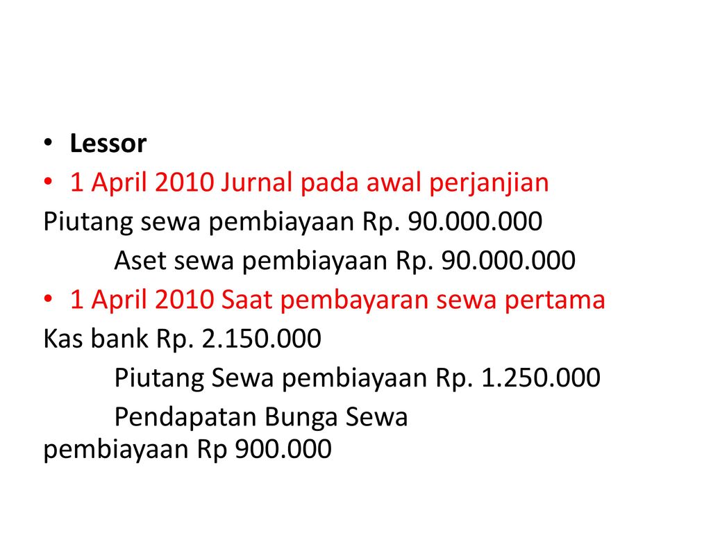 Lessor 1 April 2010 Jurnal pada awal perjanjian. Piutang sewa pembiayaan Rp Aset sewa pembiayaan Rp