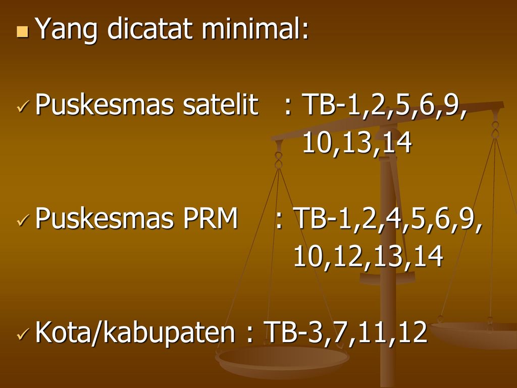 Yang dicatat minimal: Puskesmas satelit : TB-1,2,5,6,9, 10,13,14. Puskesmas PRM : TB-1,2,4,5,6,9,