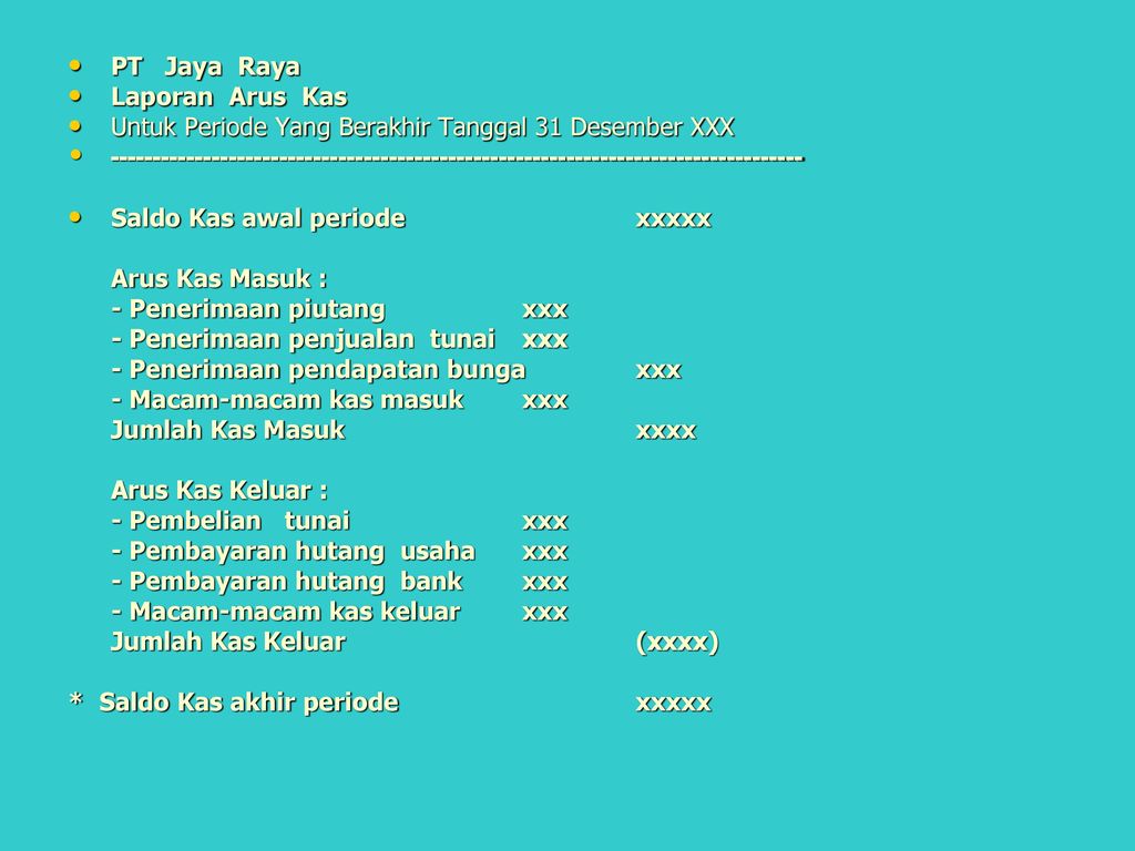 PT Jaya Raya Laporan Arus Kas. Untuk Periode Yang Berakhir Tanggal 31 Desember XXX.