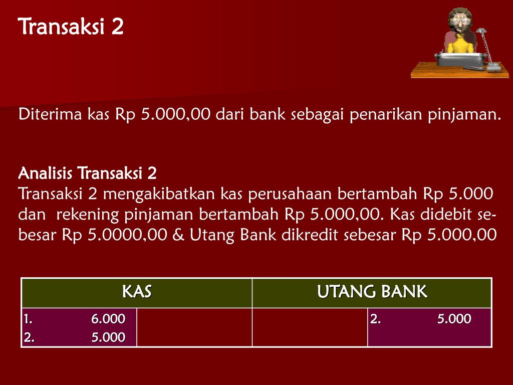 Transaksi 2 Diterima kas Rp 5.000,00 dari bank sebagai penarikan pinjaman. Analisis Transaksi 2.