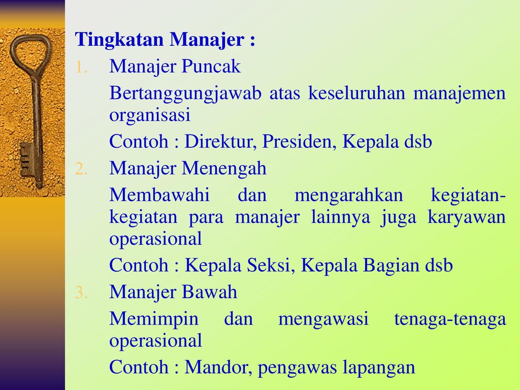 Tingkatan Manajer : Manajer Puncak. Bertanggungjawab atas keseluruhan manajemen organisasi. Contoh : Direktur, Presiden, Kepala dsb.