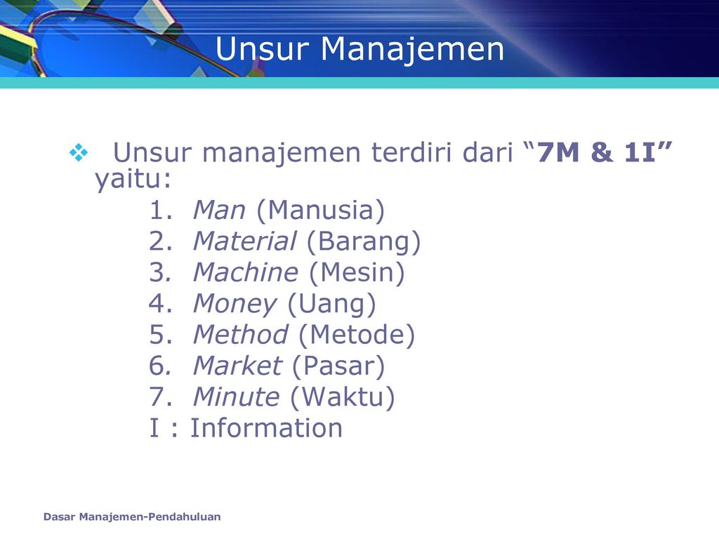 Unsur Manajemen Unsur manajemen terdiri dari 7M & 1I yaitu: