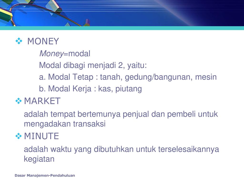 MONEY Money=modal. Modal dibagi menjadi 2, yaitu: a. Modal Tetap : tanah, gedung/bangunan, mesin.