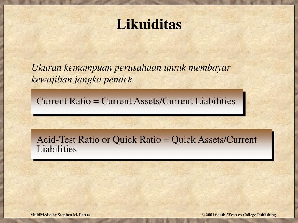 Likuiditas Ukuran kemampuan perusahaan untuk membayar kewajiban jangka pendek. Current Ratio = Current Assets/Current Liabilities.