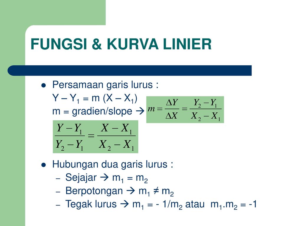 FUNGSI & KURVA LINIER Persamaan garis lurus : Y – Y1 = m (X – X1)