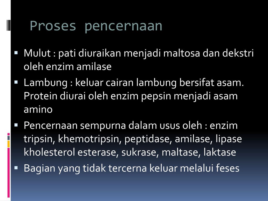 Proses pencernaan Mulut : pati diuraikan menjadi maltosa dan dekstri oleh enzim amilase.