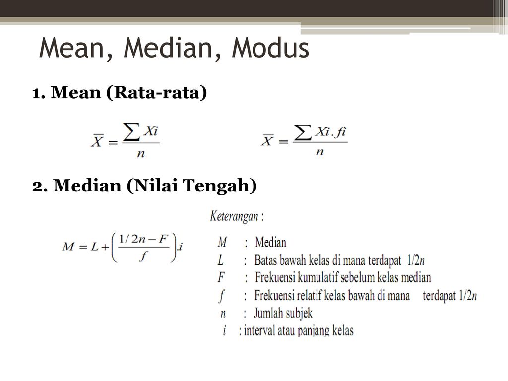 Mean, Median, Modus 1. Mean (Rata-rata) 2. Median (Nilai Tengah)