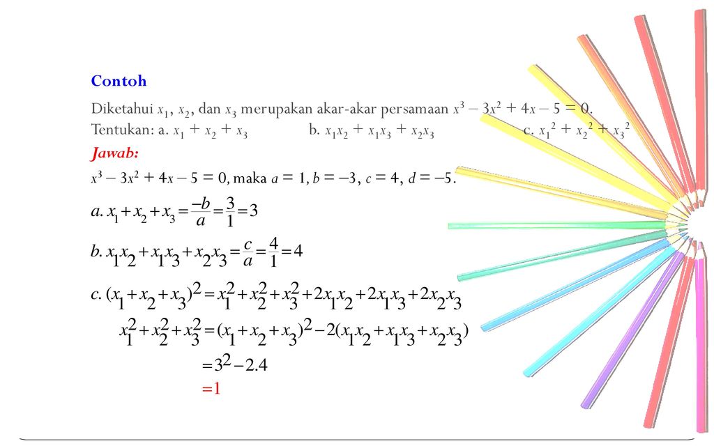 Contoh Diketahui x1, x2, dan x3 merupakan akar-akar persamaan x3 ‒ 3x2 + 4x ‒ 5 = 0.
