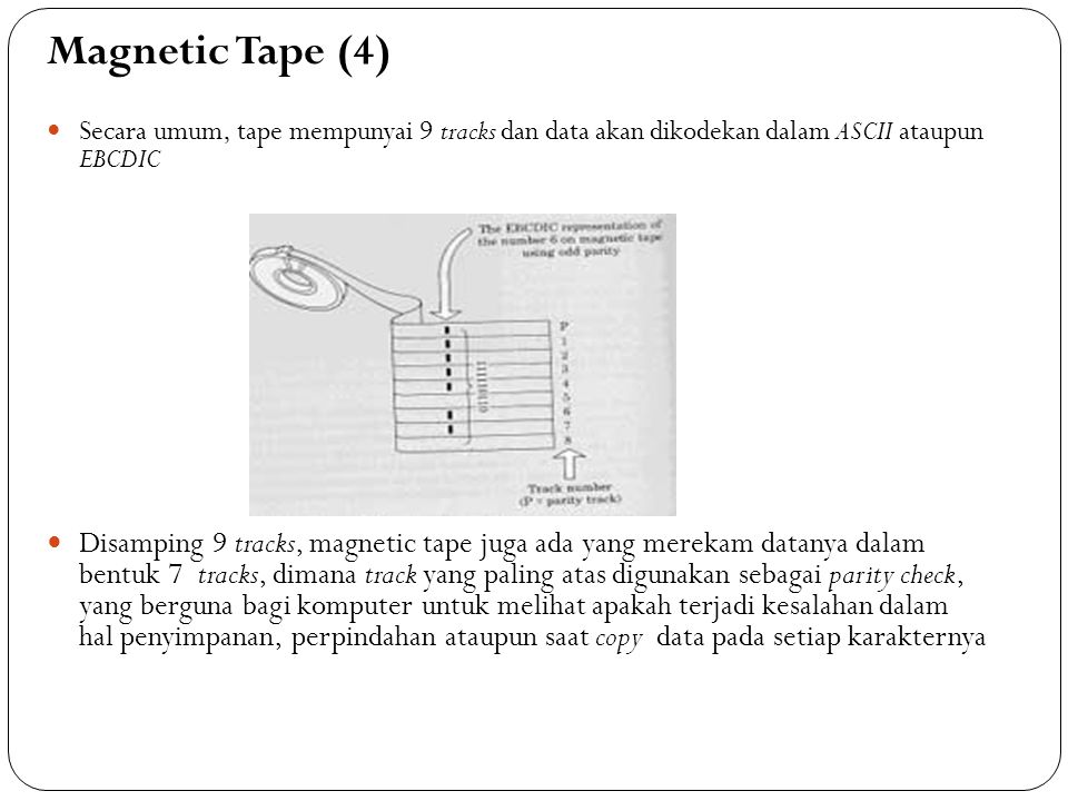 Magnetic Tape (4) Secara umum, tape mempunyai 9 tracks dan data akan dikodekan dalam ASCII ataupun EBCDIC.