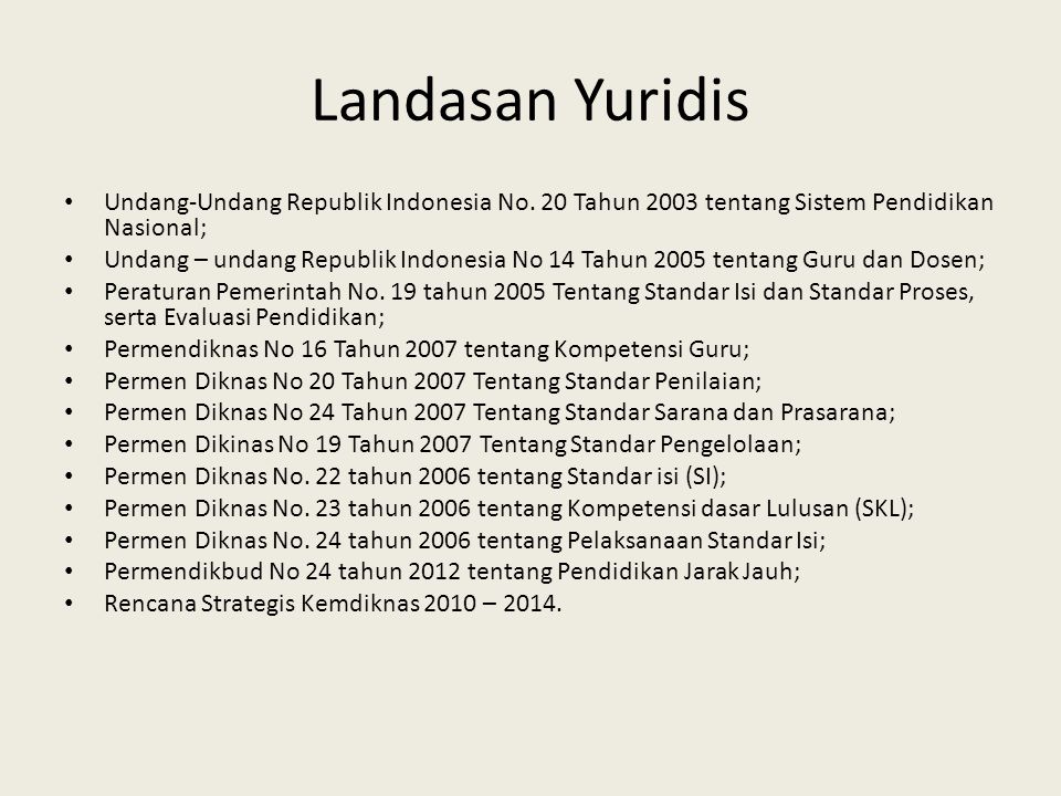 Landasan Yuridis Undang-Undang Republik Indonesia No. 20 Tahun 2003 tentang Sistem Pendidikan Nasional;